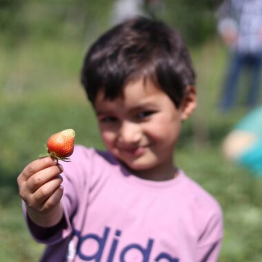 A smiling child holds a strawberry in a lush garden, capturing a cheerful moment.