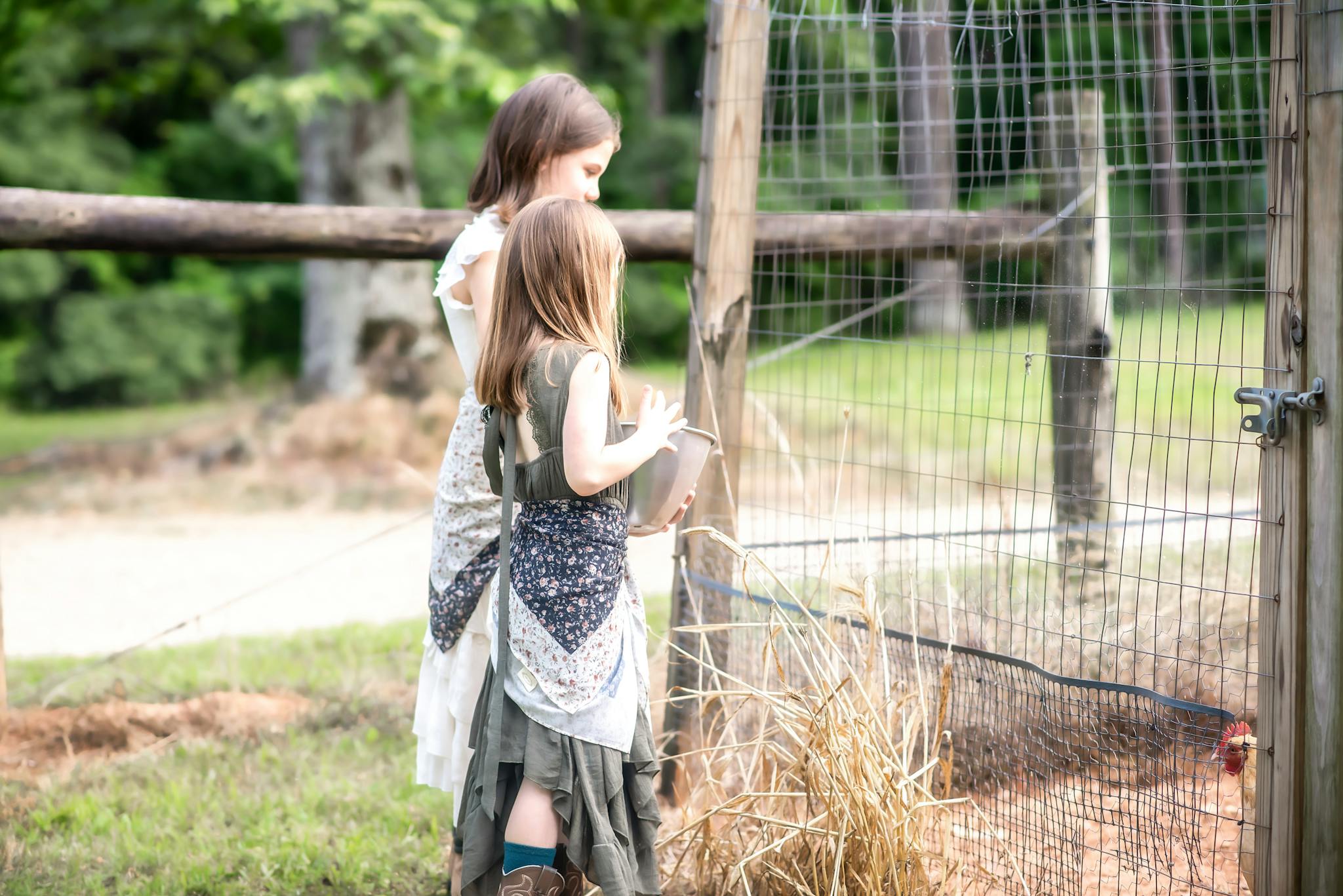 Two young girls feeding chickens near a fence on a sunny summer day at a farm.